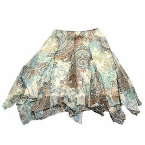 Y2K Vintage Dressbarn Paisley Handkerchief Hem Midi Skirt (Cream/Brown/Green) 10